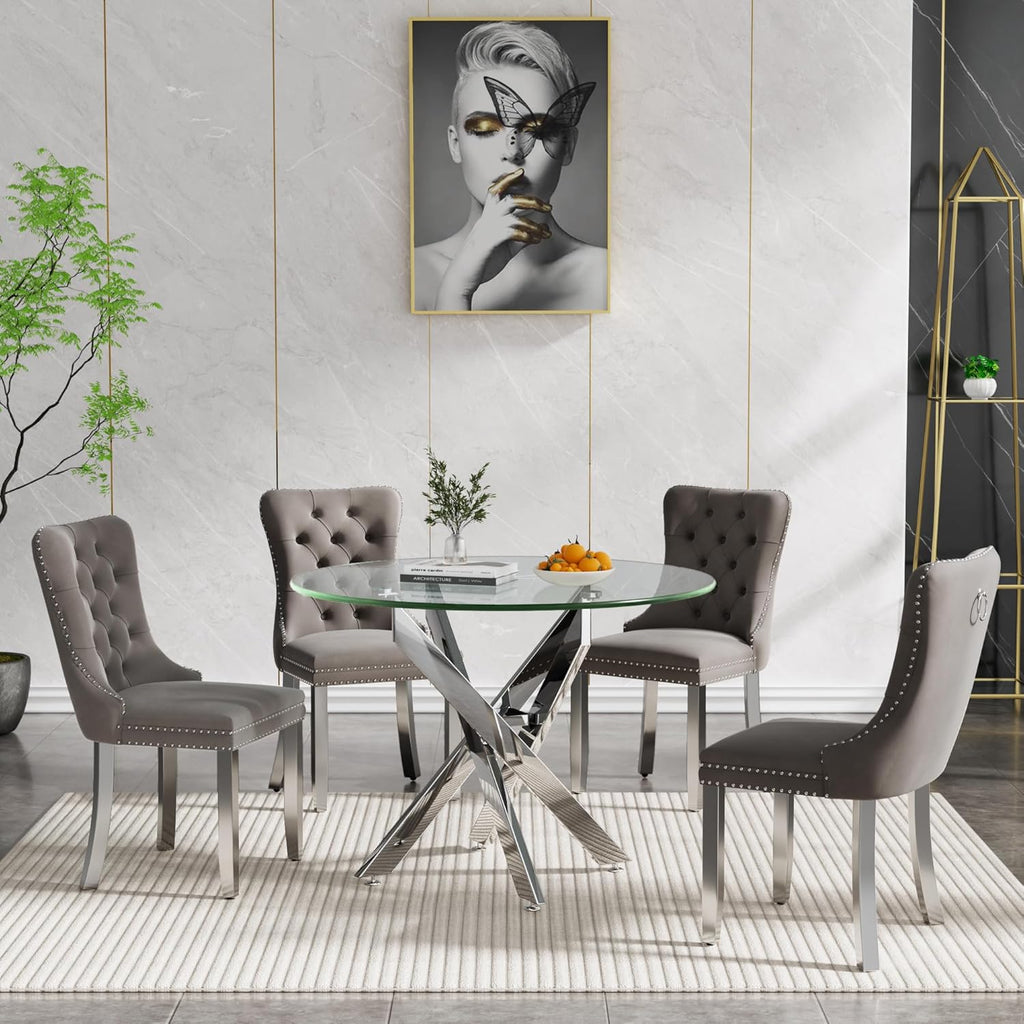 Round Glass Dining Table Set,36'' Glass Kitchen Dining Table Set for 2 4,5-Piece Glass Dinner Table Set with Silver Metal Legs and Velvet Chair Set for Kitchen Dining Room Furniture