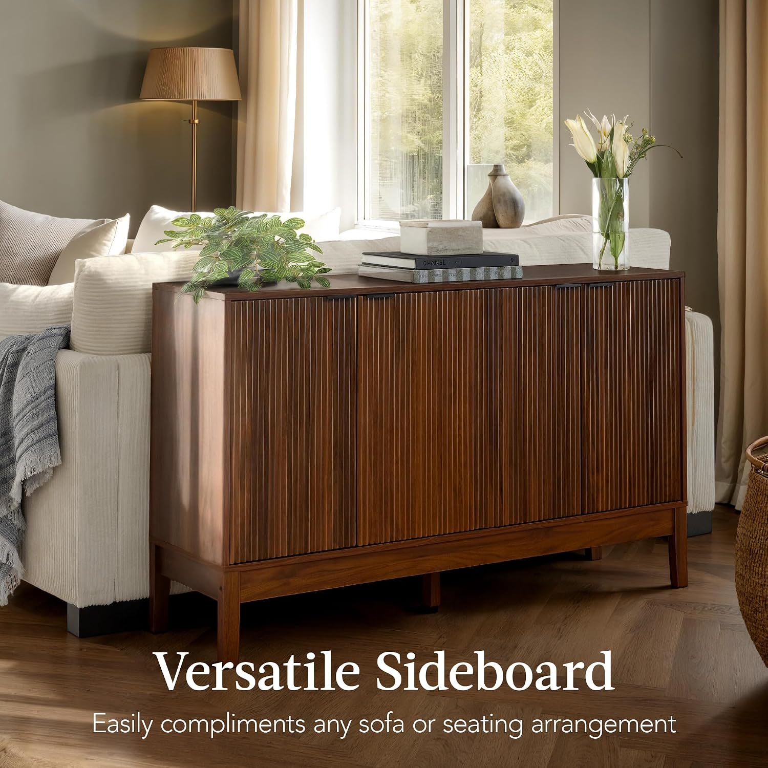 Best Choice Products 55" Modern 4-Door Sideboard Storage Cabinet, Buffet, Media Cabinet, Cupboard, Entryway Accent Table, Bookcase w/Reed Panels and Adjustable Shelves – Walnut