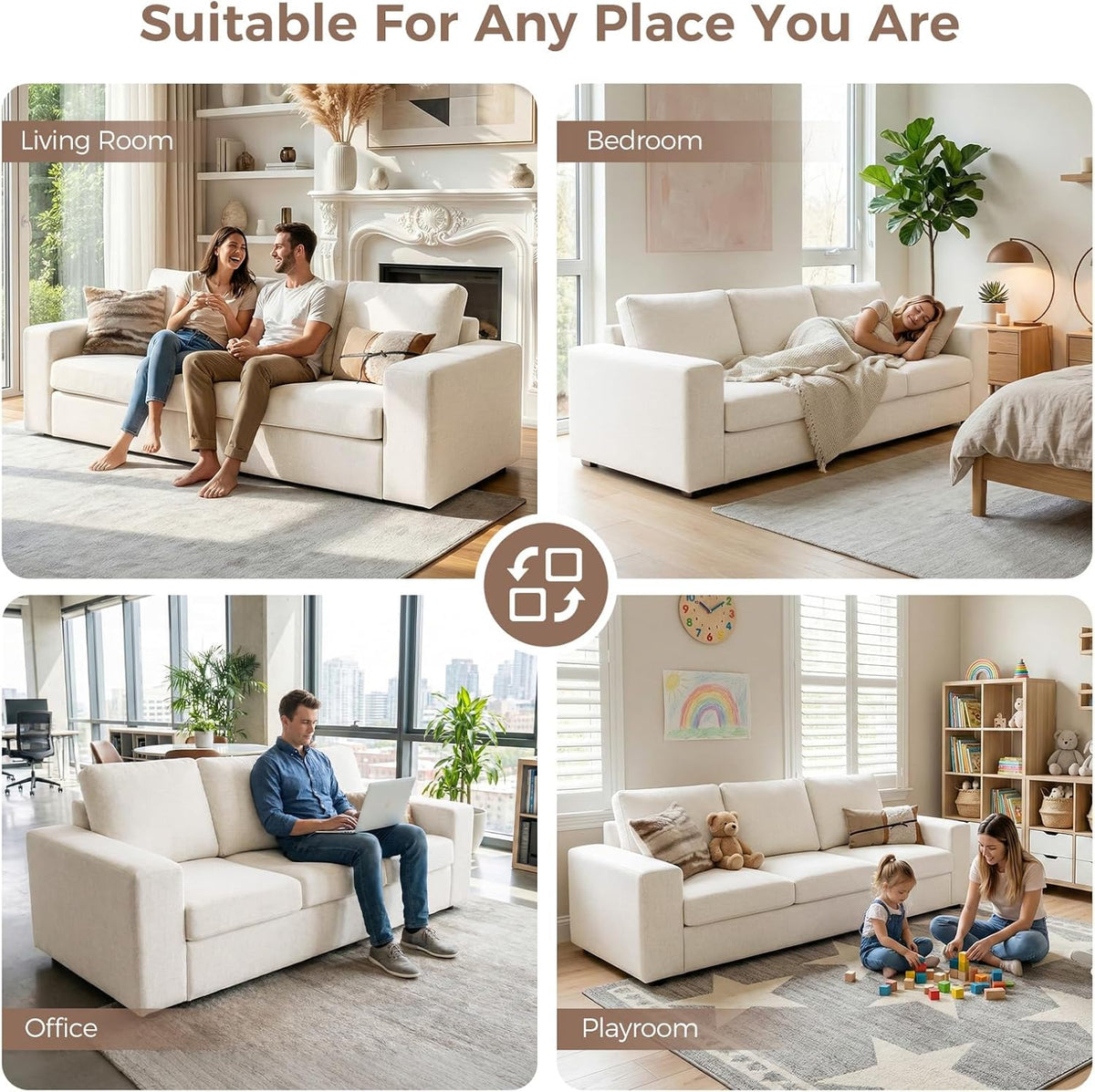ELUCHANG 85" Modern Couches for Living Room, Natural Linen 3 Seat Sofa, Comfy Deep Seat Sofa, Spring Cushions, Removable Cover, Solid Wood Frame, Easy Assembly Loveseat for Small Space,Apartment,Beige