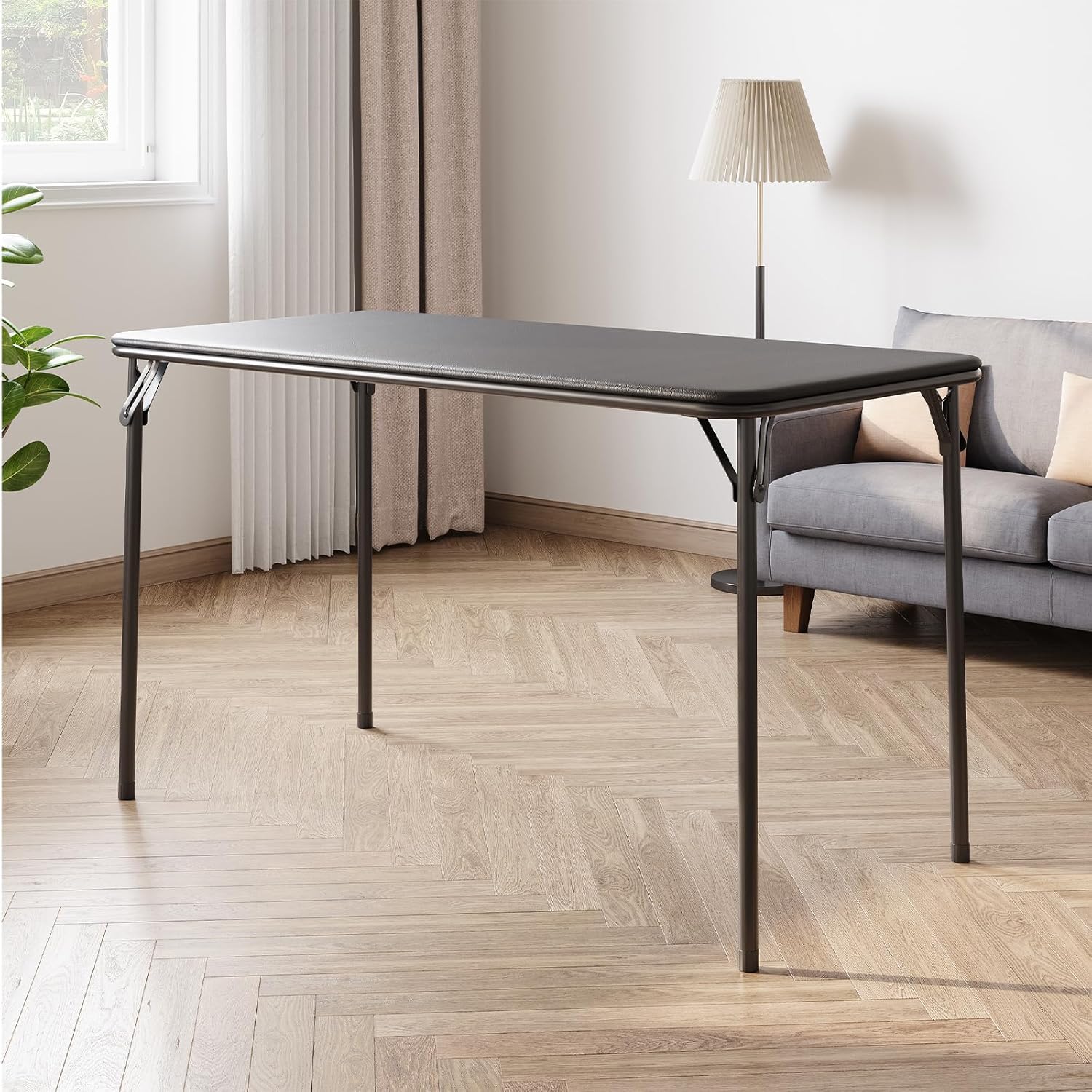 Garvee 4 ft Folding Table Indoor Outdoor, Protable Foldable Card Table, Lockable Metal Legs Support, Upholstered PU Leather Tabletop, Heavy Duty for Picnic Parties Wedding BBQ Camping