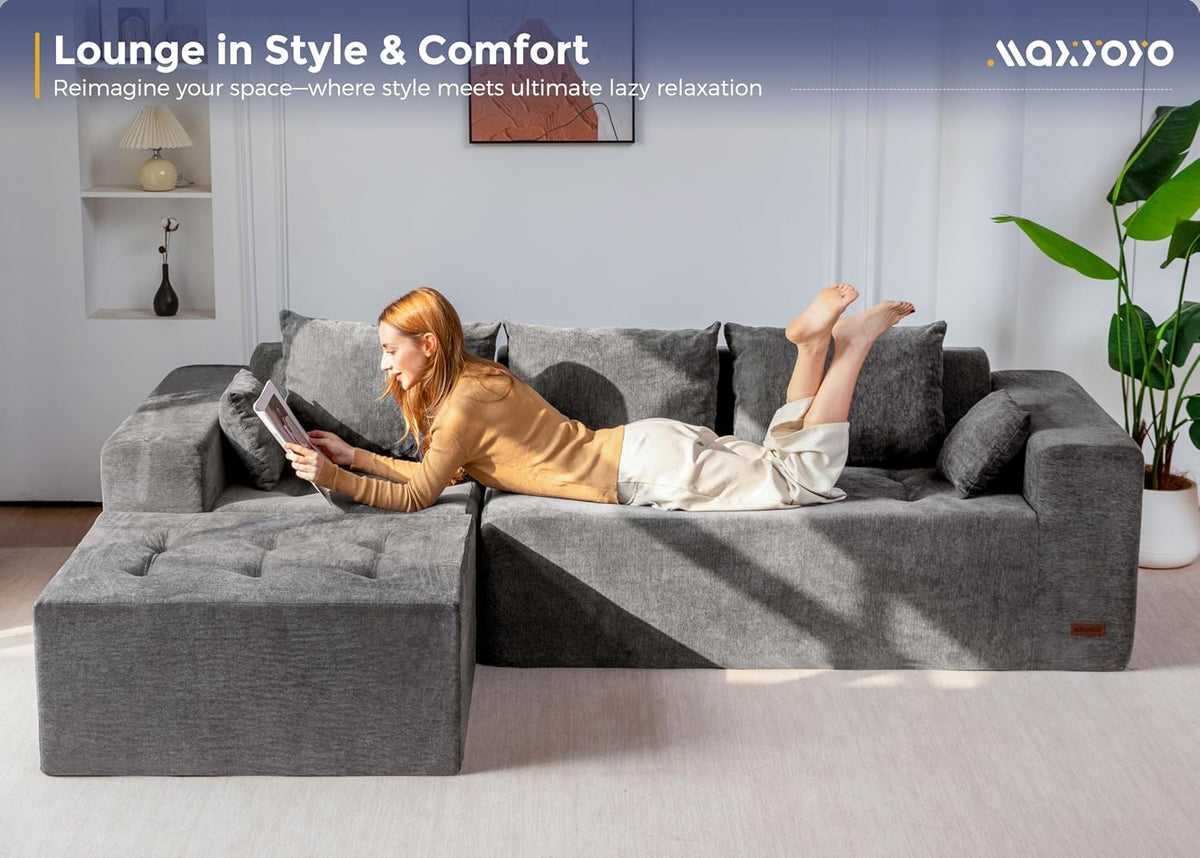 MAXYOYO Modular Sectional Sofa Couch, L Shaped Cloud Couch with Flexible Ottoman, Chenille Upholstered Living Room Sofa Chair for Living Room, No Assembly Required, Light Grey