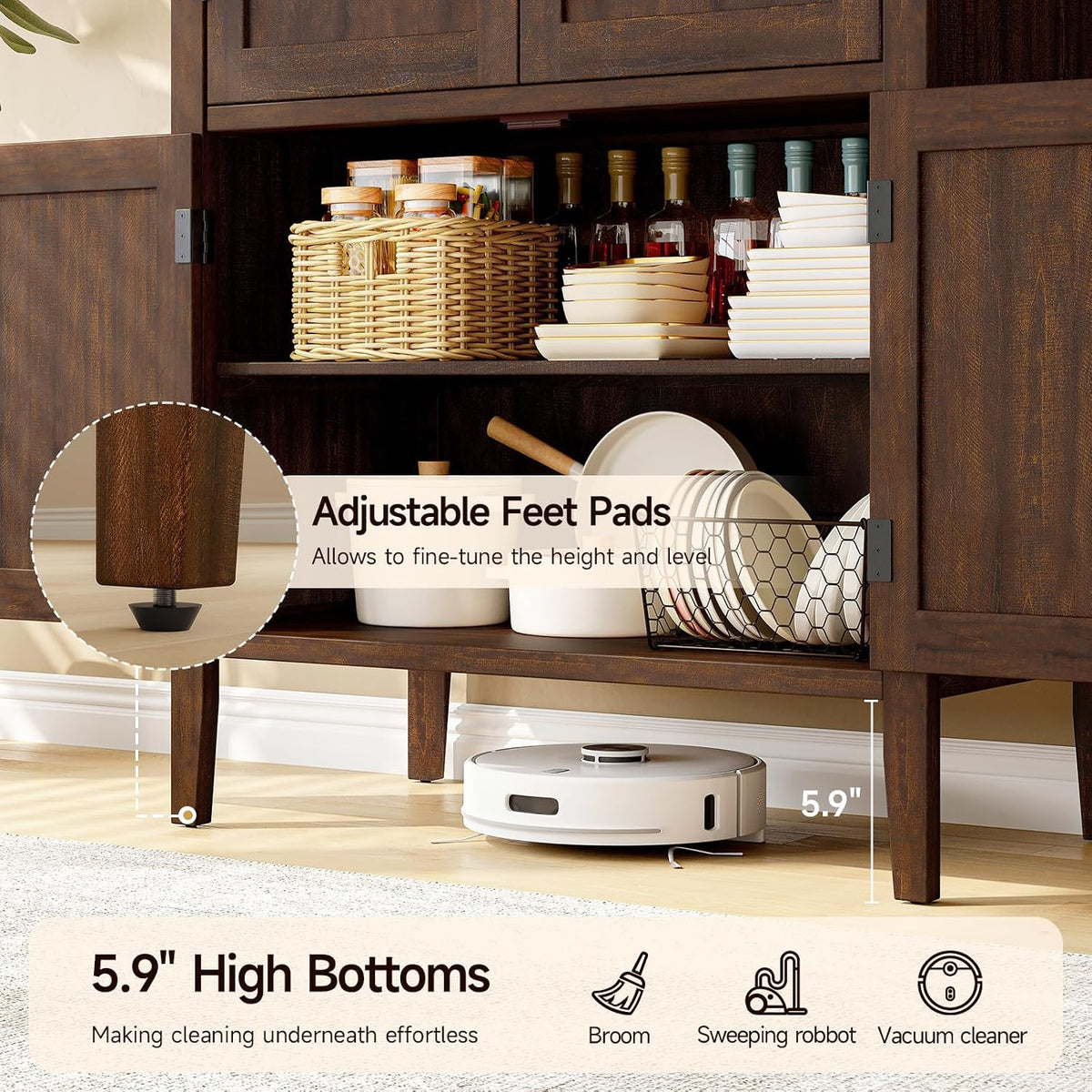 ONBRILL 71" Tall Wooden Arched Cabinet, 5-Tier Arched Kitchen Pantry Cabinet with Doors & Shelves, Farmhouse Kitchen Arch Cabinets with Adjustable Feet, Wooden Pantry Storage for Dining Room(Brown)