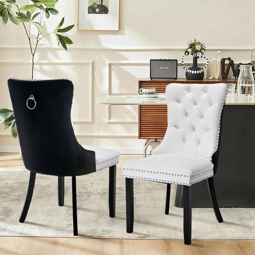 Dining Table and Dining Chair Set 23.6" Black Round Table&2 Leather Upholstered Wooden Legs Chairs for Kitchen Dining Room Small Space 3 Piece Dining Table and Chair Set(Black&White)