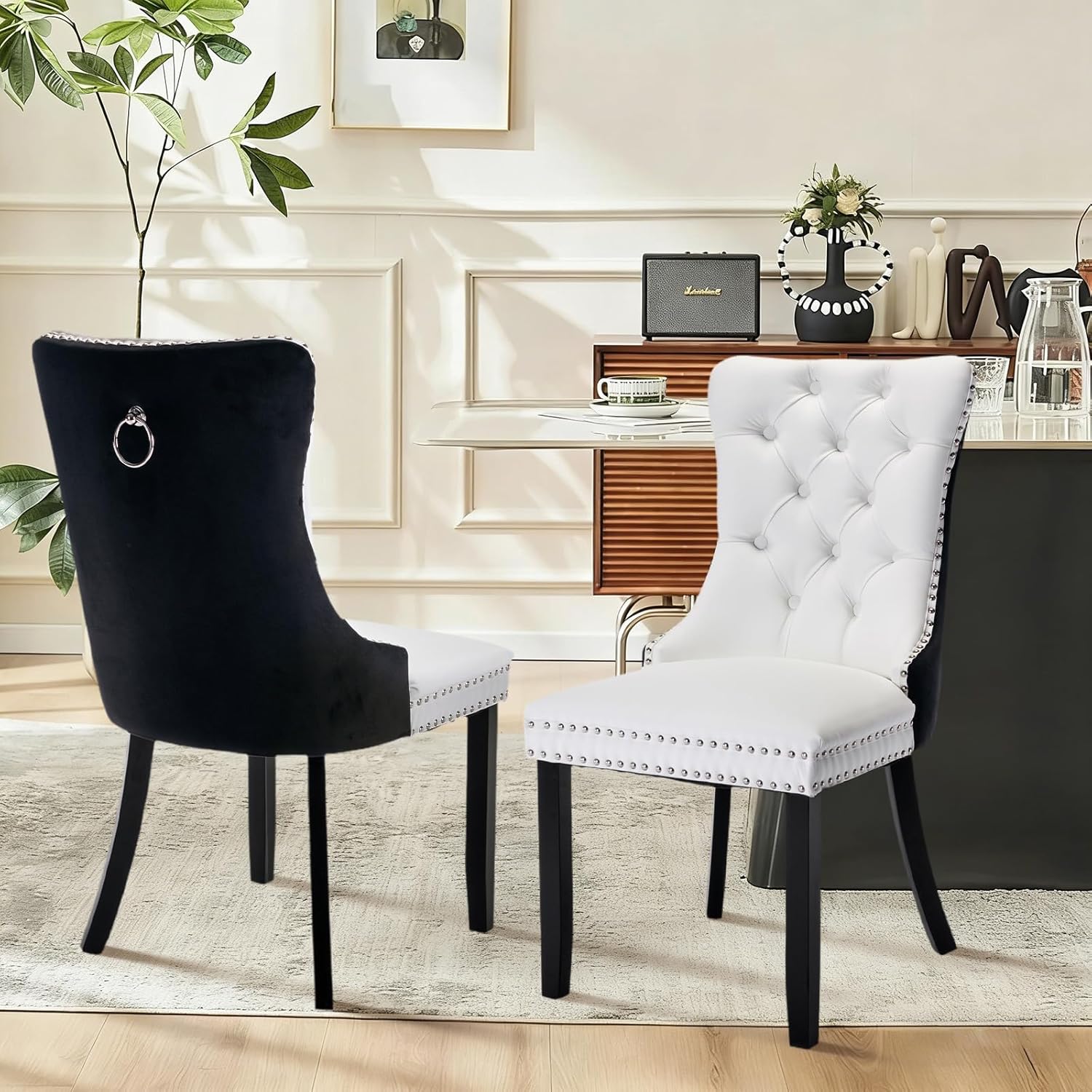 Dining Table and Dining Chair Set 23.6" Black Round Table&2 Leather Upholstered Wooden Legs Chairs for Kitchen Dining Room Small Space 3 Piece Dining Table and Chair Set(Black&White)