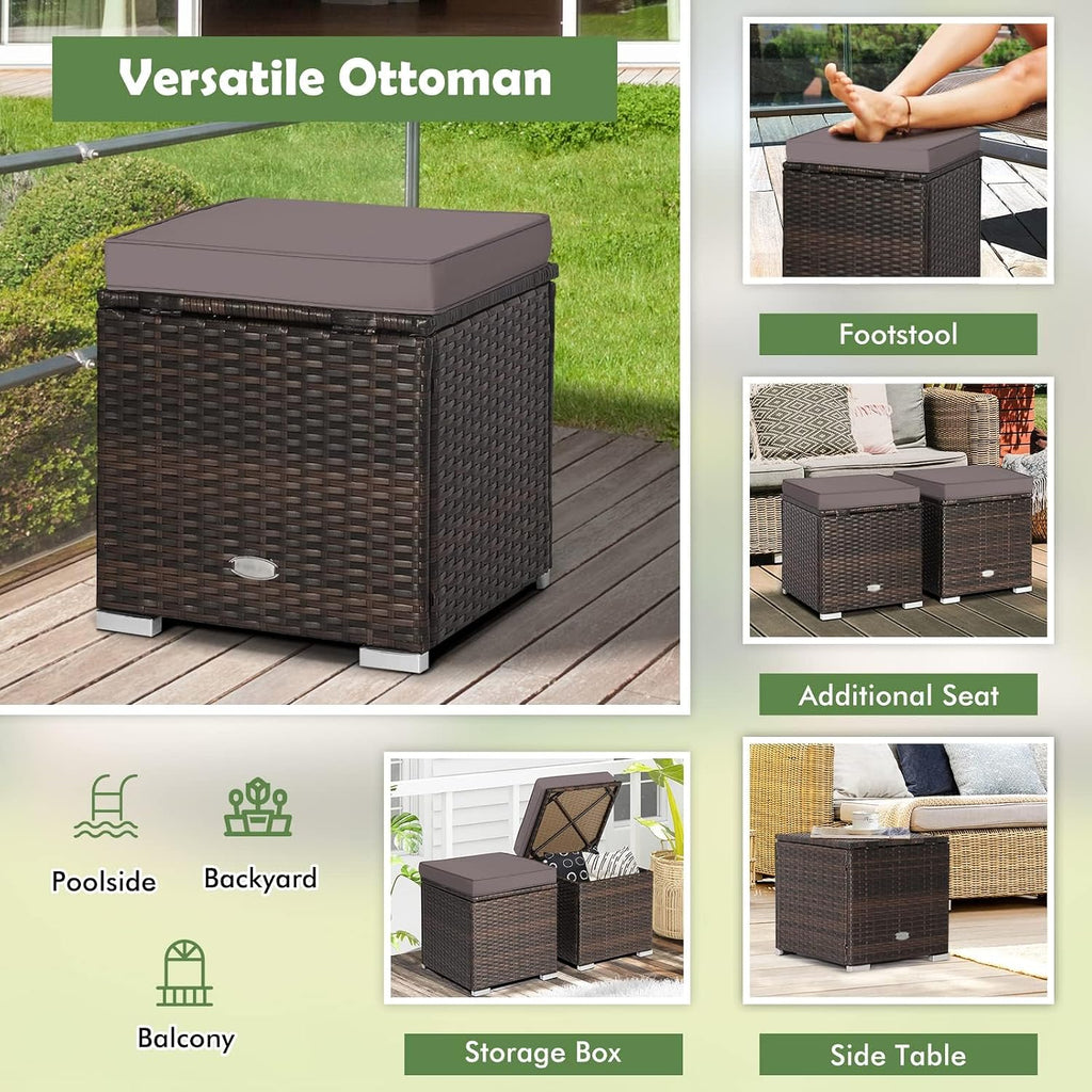 HAPPYGRILL 2PCS Patio Ottoman Set Outdoor Wicker Stool with Storage, Rattan Footrest Ottoman with Solid Metal Frame and Cushion for Backyard Poolside Garden Porch Balcony
