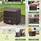 HAPPYGRILL 2PCS Patio Ottoman Set Outdoor Wicker Stool with Storage, Rattan Footrest Ottoman with Solid Metal Frame and Cushion for Backyard Poolside Garden Porch Balcony