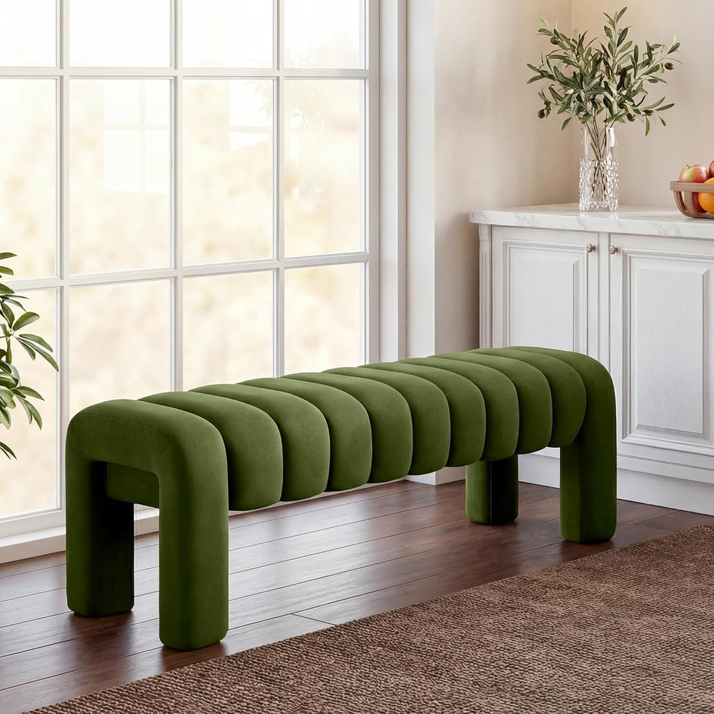43.3” Dining Room Bench, Olive Green Tufted Upholstered End of Bed Bench, Modern Entryway Ottoman Window Seat with Solid Wood Legs and Padded Seat for Bedroom, Hallway and Living Room (Velvet)