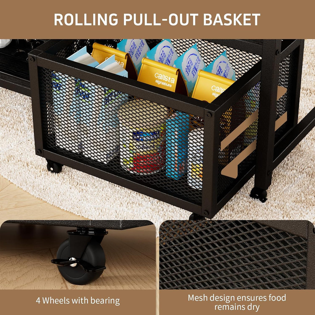 Mini Fridge Stand with Power Outlet, Microwave Stand with Wine Rack, Coffee bar with Removable Storage Baskets, Suitable for Dorm, Kitchen, Dining Area, Black