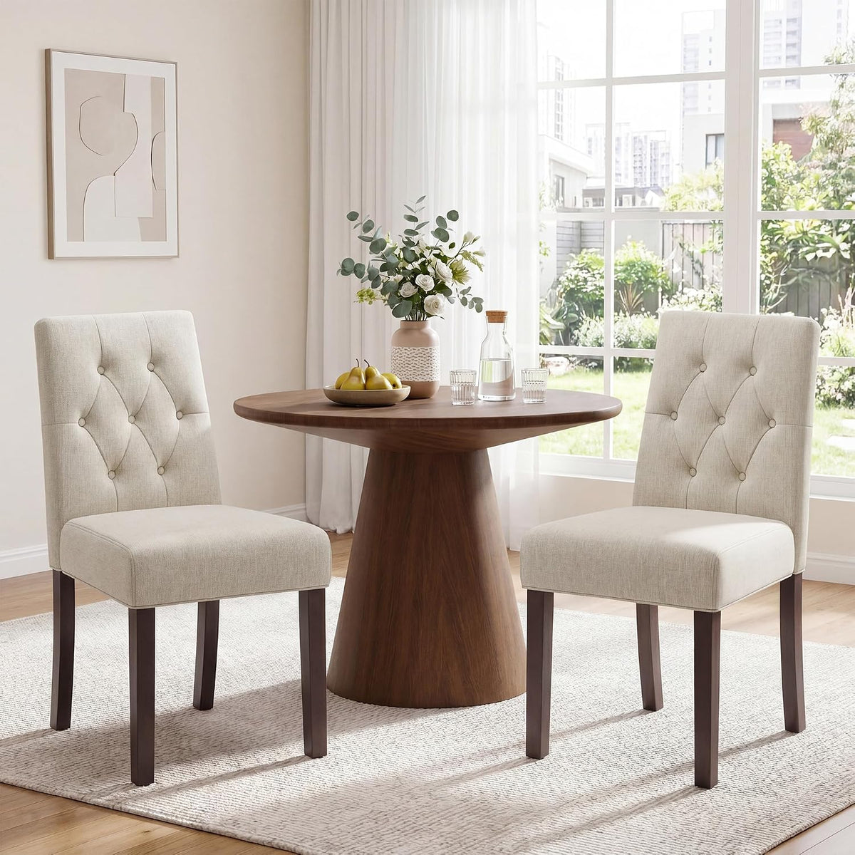 Dining Chairs Set of 2, Parsons Chairs for Small Spaces, Light Beige | Modern Dining Room Chairs with Solid Wooden Legs, Fabric Upholstered Kitchen Chairs for Restaurant & Cafe
