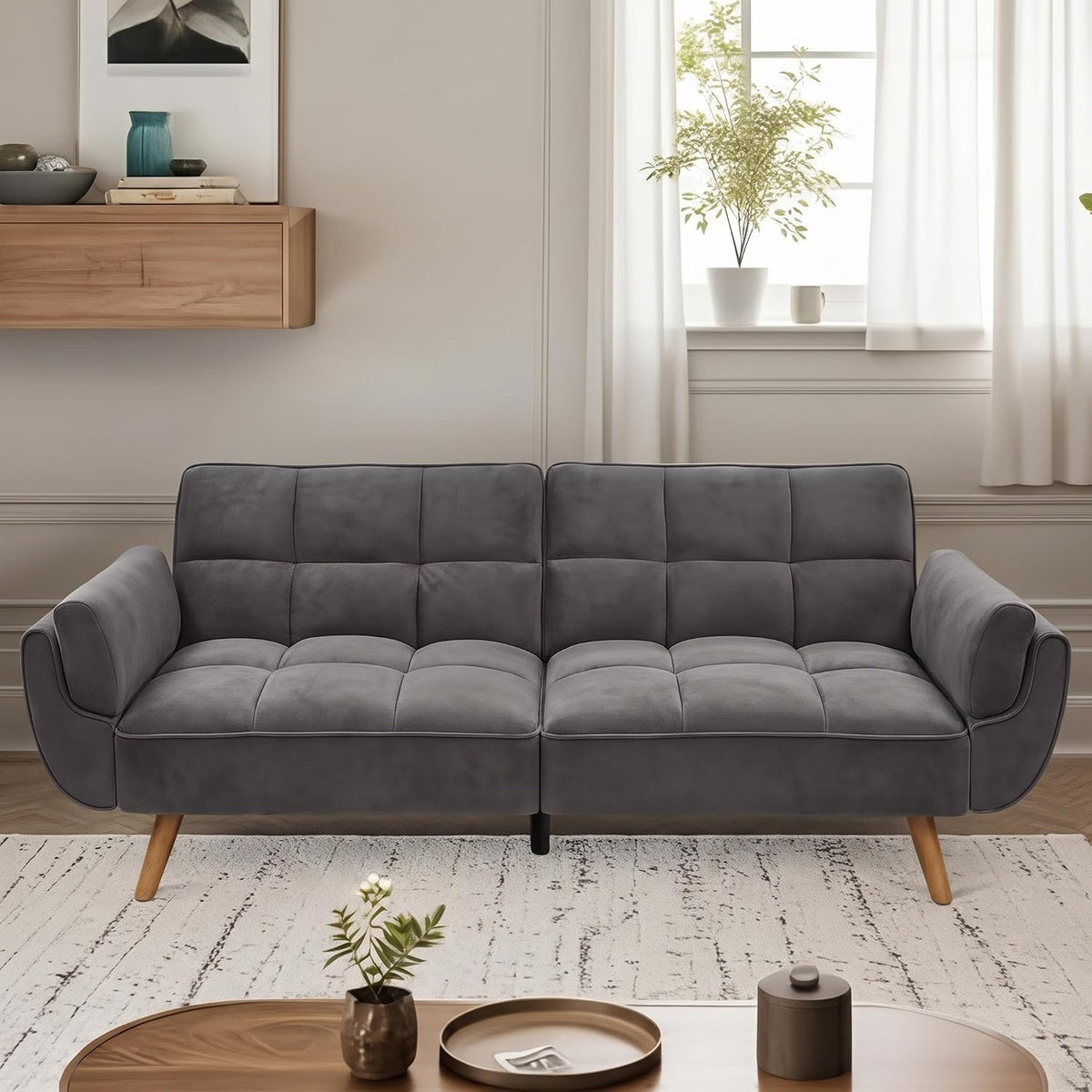 Velvet Convertible Futon Couch with Adjustable Backrest, Dark Gray | Convertible Futon Sofa Bed with Adjustable Backrest and Pillow Top Armrests for Small Spaces, Apartment, Bedroom, Living Room