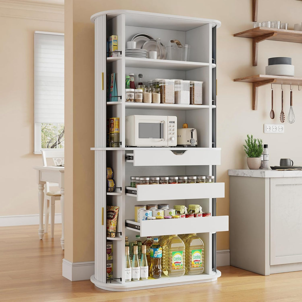 iPormis Kitchen Pantry with Sliding Doors, Tall Modern Curved Pantry Storage Cabinets with Drawer & Pull Out Shelves, 64-Inch Freestanding Wood Cupboard for Kitchen Dining Room Living Room, White