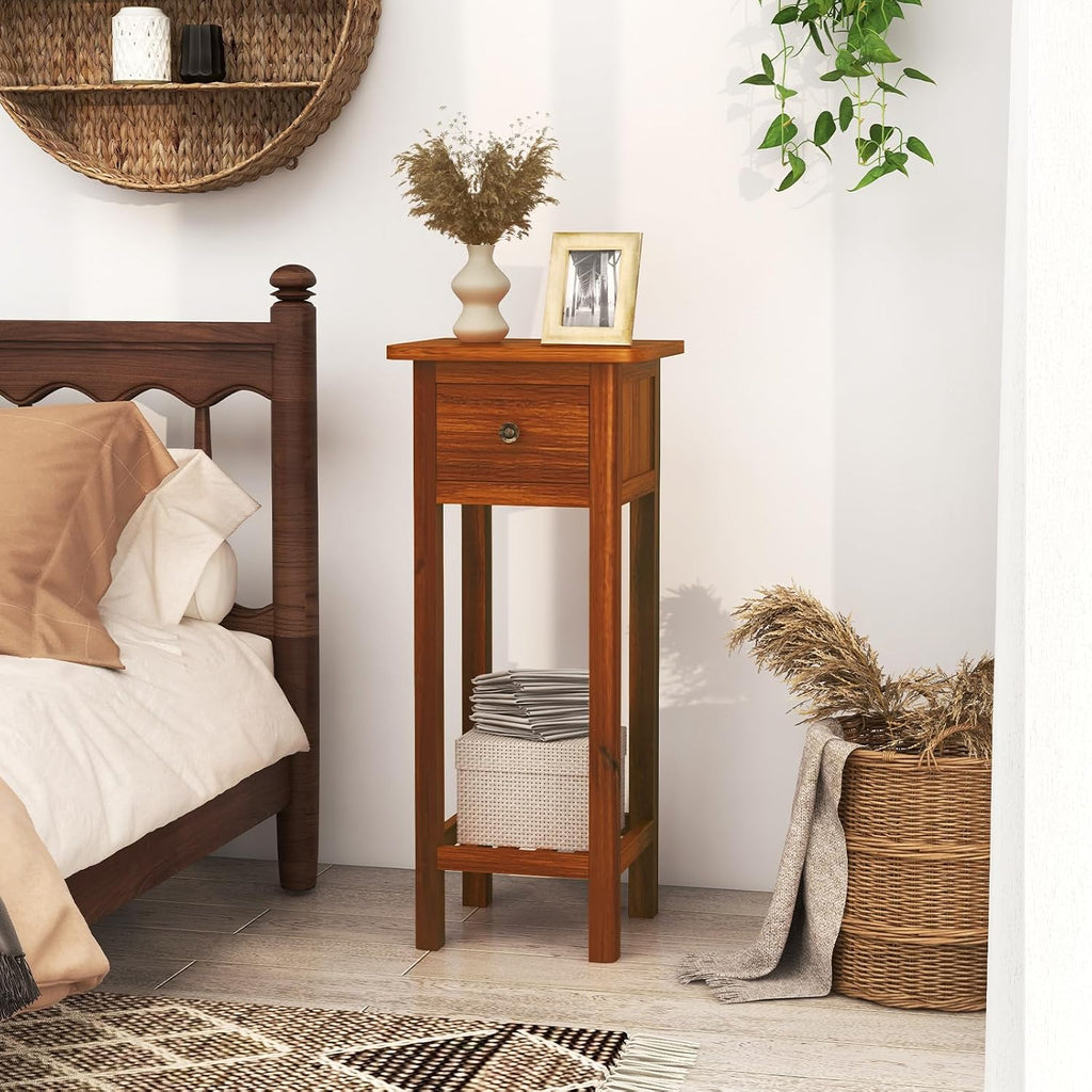 SlickBlue 2-Tier Slim Bedside Table with Drawer and Shelf for Living Room Bedroom
