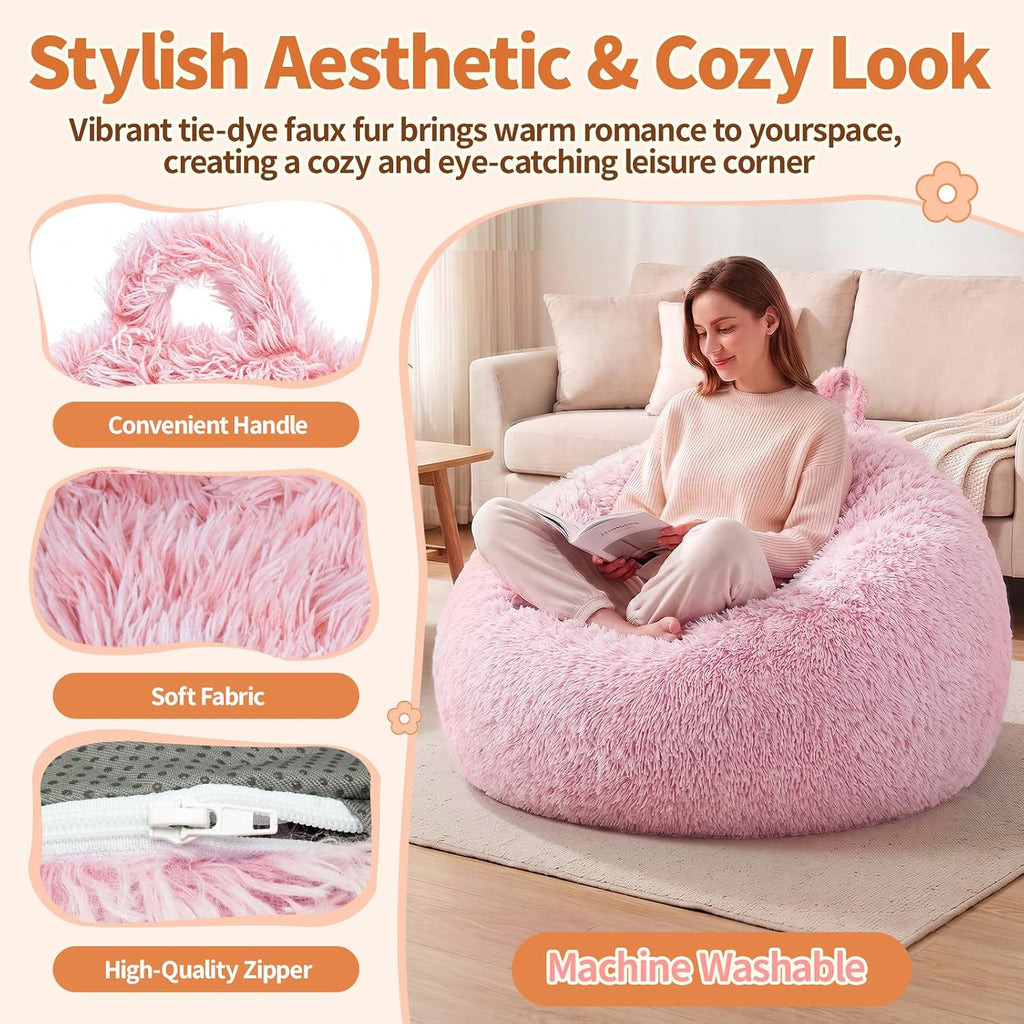 Stuffed Animal Storage Bean Bag Chair Cover, Soft Bean Bag Cover | Fluffy Faux Fur Stuffed Animal Storage Chair, Non-Slip Bottom, Fill with Plush Toys or Blankets, for Kids Teens Adults Girls