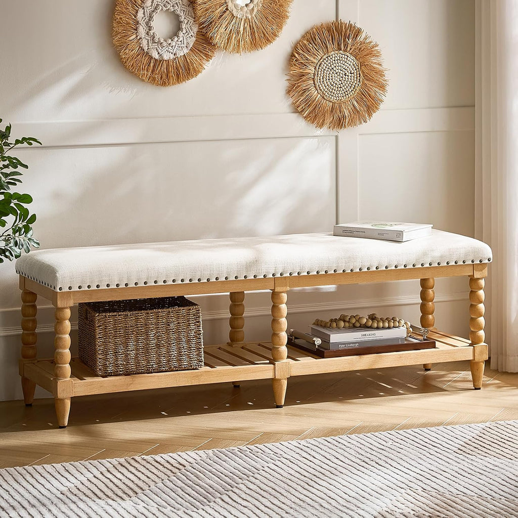HULALA HOME Entryway Bench with Soild Wood Shelf, 58" Upholstered Shoe Storage Bench with Spindle Legs, Nailhead Trim Detail for Bedroom, Living Room, Hallway, Ivory