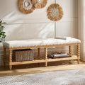 HULALA HOME Entryway Bench with Soild Wood Shelf, 58" Upholstered Shoe Storage Bench with Spindle Legs, Nailhead Trim Detail for Bedroom, Living Room, Hallway, Ivory