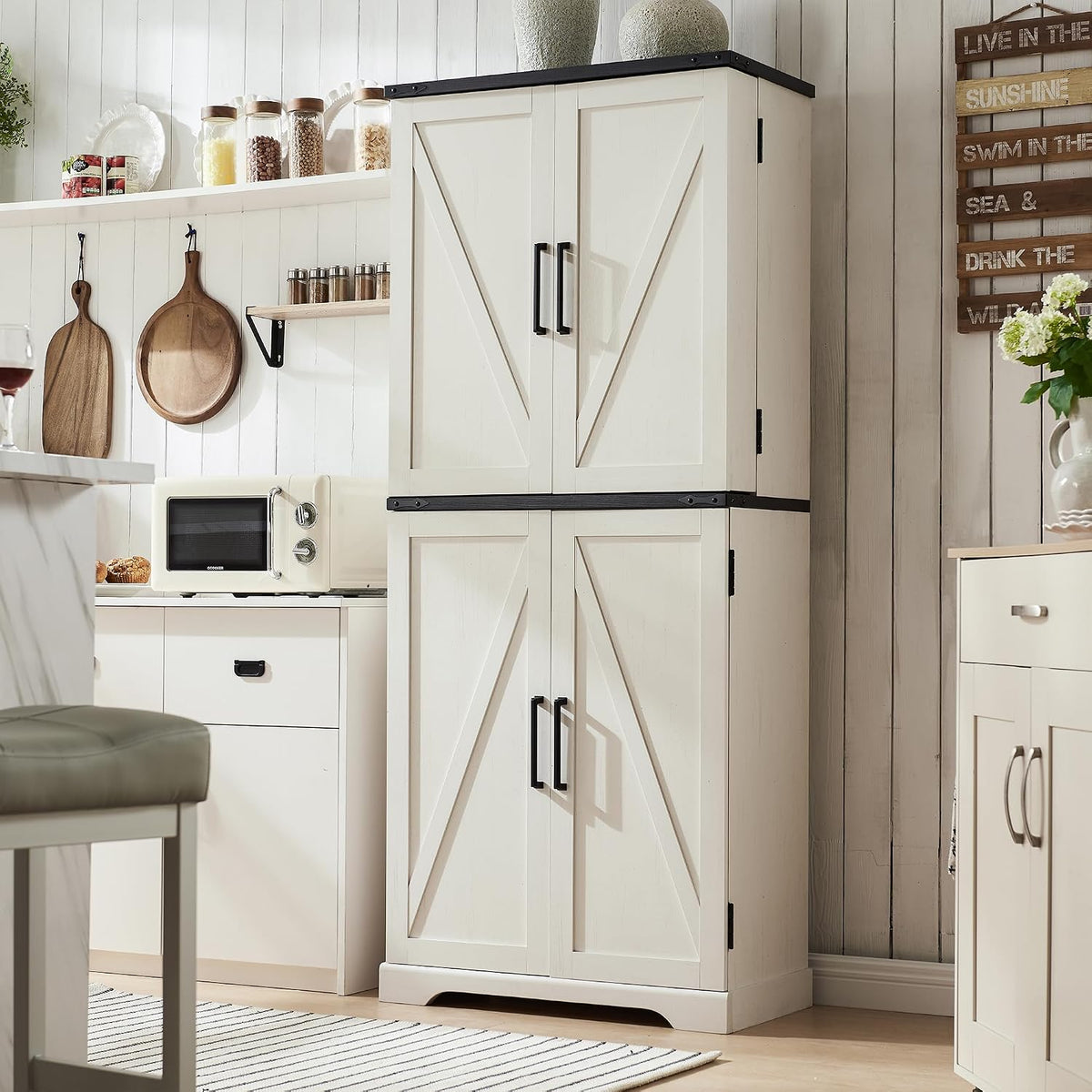 ACCOHOHO 72" Tall Wooden Pantry Storage Cabinet with Door Shelves & Drawer | Farmhouse, Barn Doors, Adjustable Shelves, Freestanding, Anti-tip Kit, for Kitchen, Dining Room, Living Room