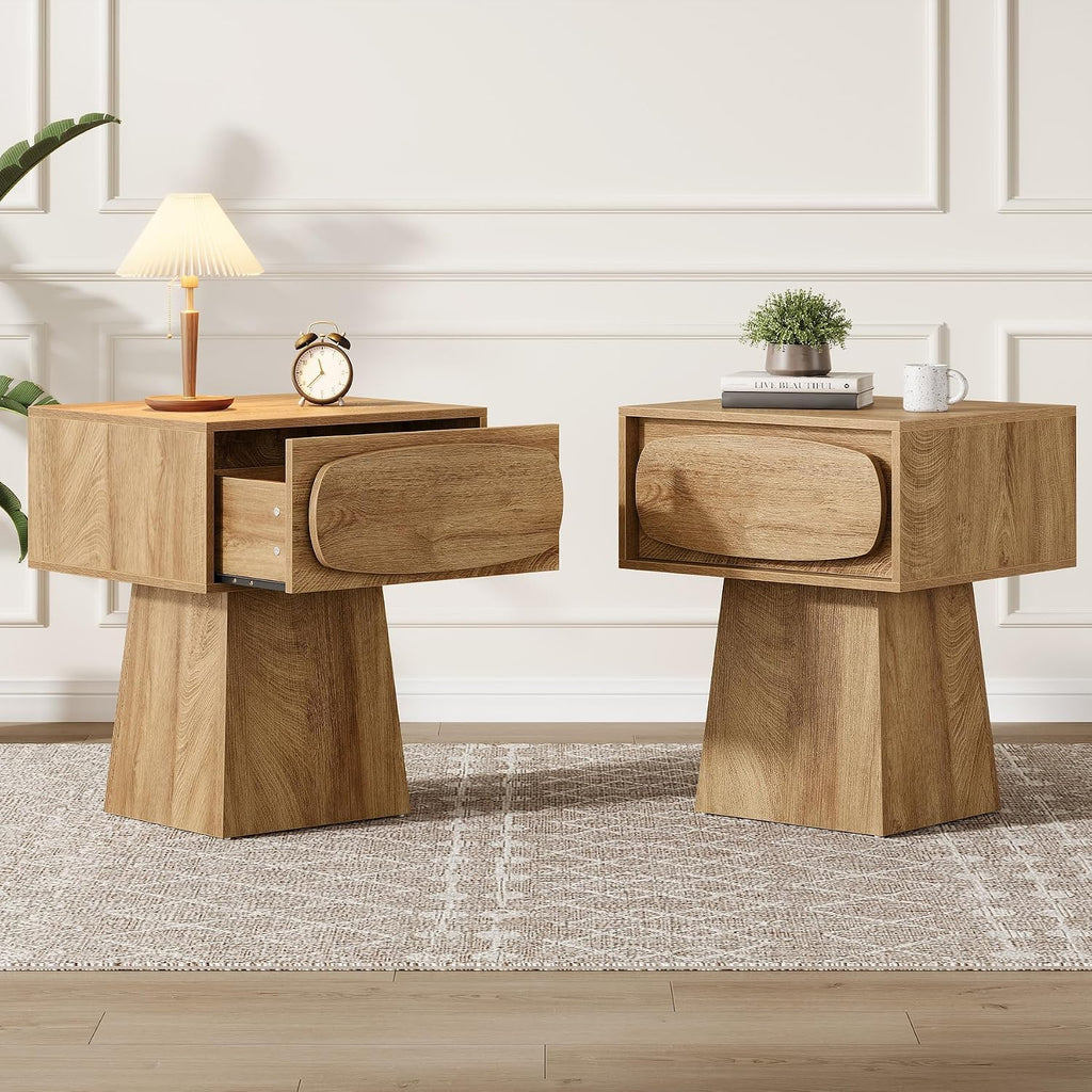 Tribesigns End Table with Storage Drawer, Modern Wooden Side Table with Curved Handle, Small Nightstand for Living Room, Bedroom, Small Spaces (Natural Wood Color)