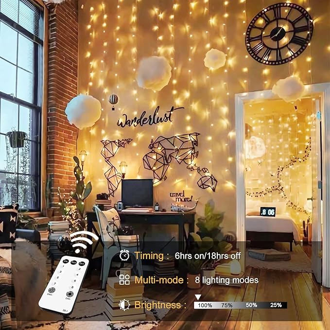 JMEXSUSS 600 LED Christmas Curtain Lights Outdoor, 9.5x19.6ft Christmas String Light Plug in with Remote, 8 Modes Wall Hanging Lights for Bedroom Party Backdrop Wedding Xmas Decor, Warm White