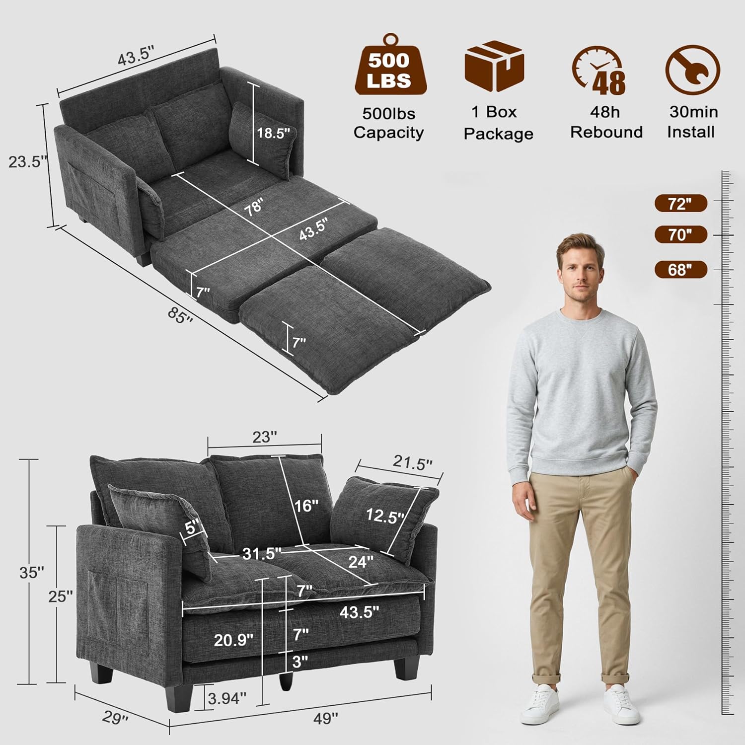 49" Loveseat Sofa Bed, 2 in 1 Convertible Small Sofa Pull Out Couch Bed Chenille Deep 2 Seat Sleeper Twin XL Futon Mattress for Small Spaces Living Room Bedroom Apartment Office, Grey