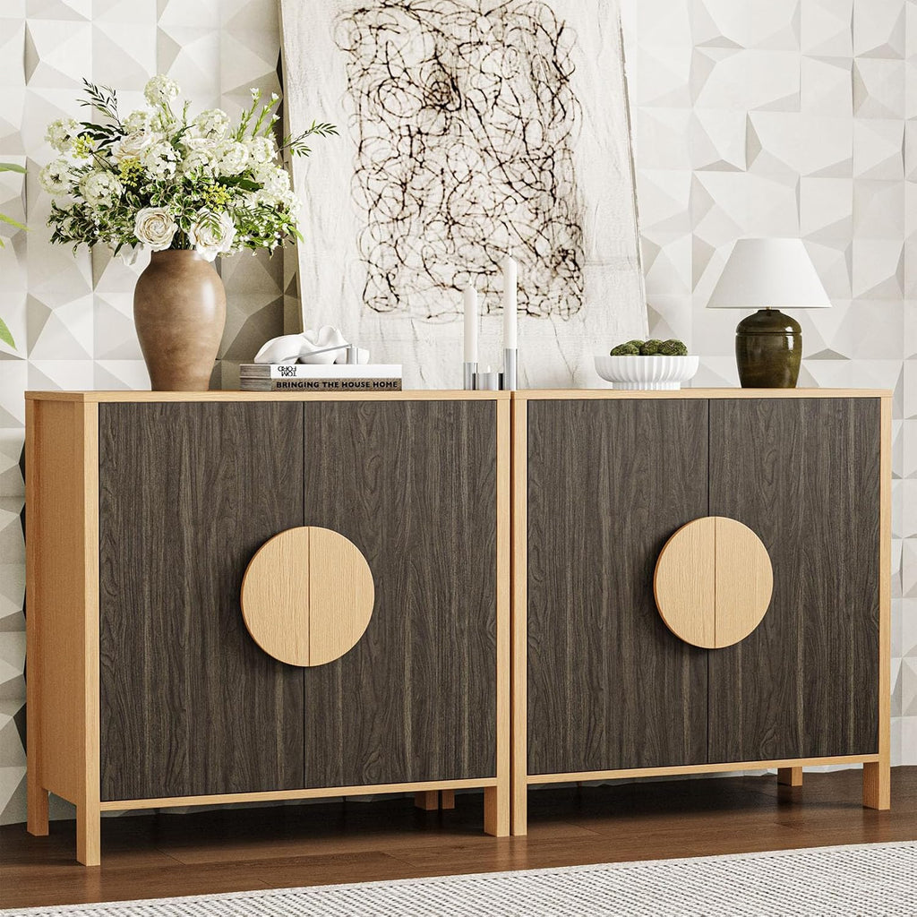BREEZEHEAT Sideboard Buffet Cabinet with Storage, Mid Century Modern Buffet Table, 64" Wood Accent Cabinet with 4 Doors and Adjustable Shelf, Storage Credenza for Kitchen Living Room Entryway