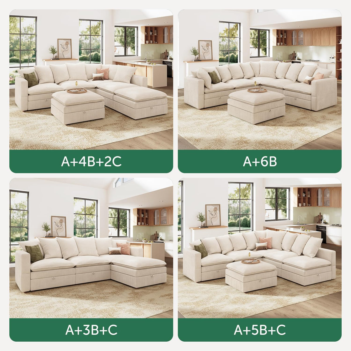 HONBAY Corduroy Ottoman, 31.5 Inch Square Ottoman Bench with Storage for Living Room, Beige
