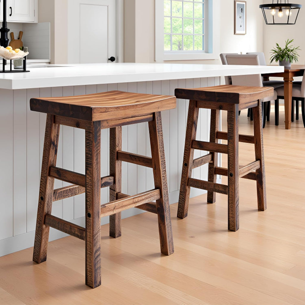 Alaterre Durango Solid Wood Rustic Bar Stool Set of 2, Natural, 26-Inch | Counter Height Backless Barstool Kitchen Seating with Saddle Seat, Barstools for Kitchen and Home Bar