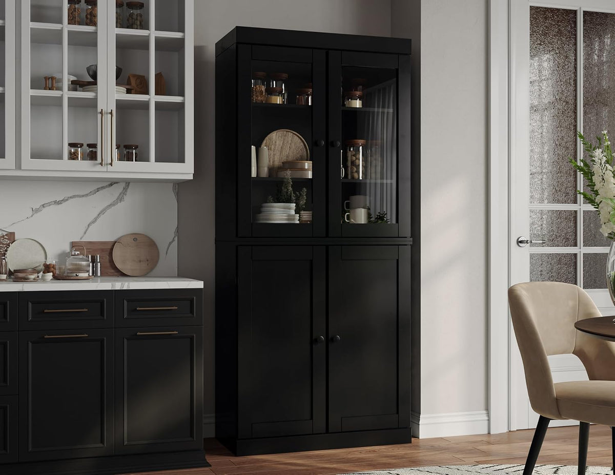 Palace Imports Solid Wood Tall Pantry Cabinet – 71.5" H x 32" W – Black Wooden Storage Cabinet for Kitchen with Clear Glass/Shaker Doors, 2 Drawers & 4 Adjustable Shelves, 100% Eco-Friendly Wood