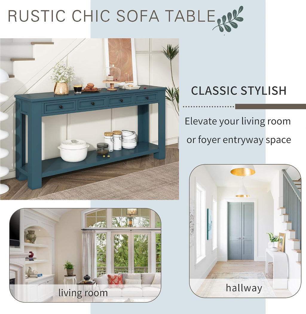 Merax Sofa Table with Storage Drawers and Bottom Shelf, Rustic Console Table with Thickened Legs, Long Entryway Table for Hallway & Living Room, Dark Blue