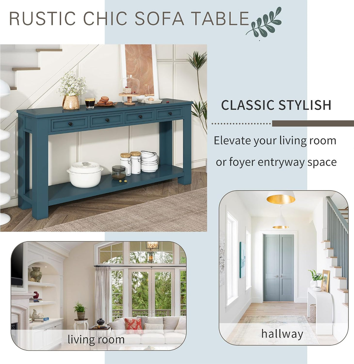 Merax Sofa Table with Storage Drawers and Bottom Shelf, Rustic Console Table with Thickened Legs, Long Entryway Table for Hallway & Living Room, Dark Blue