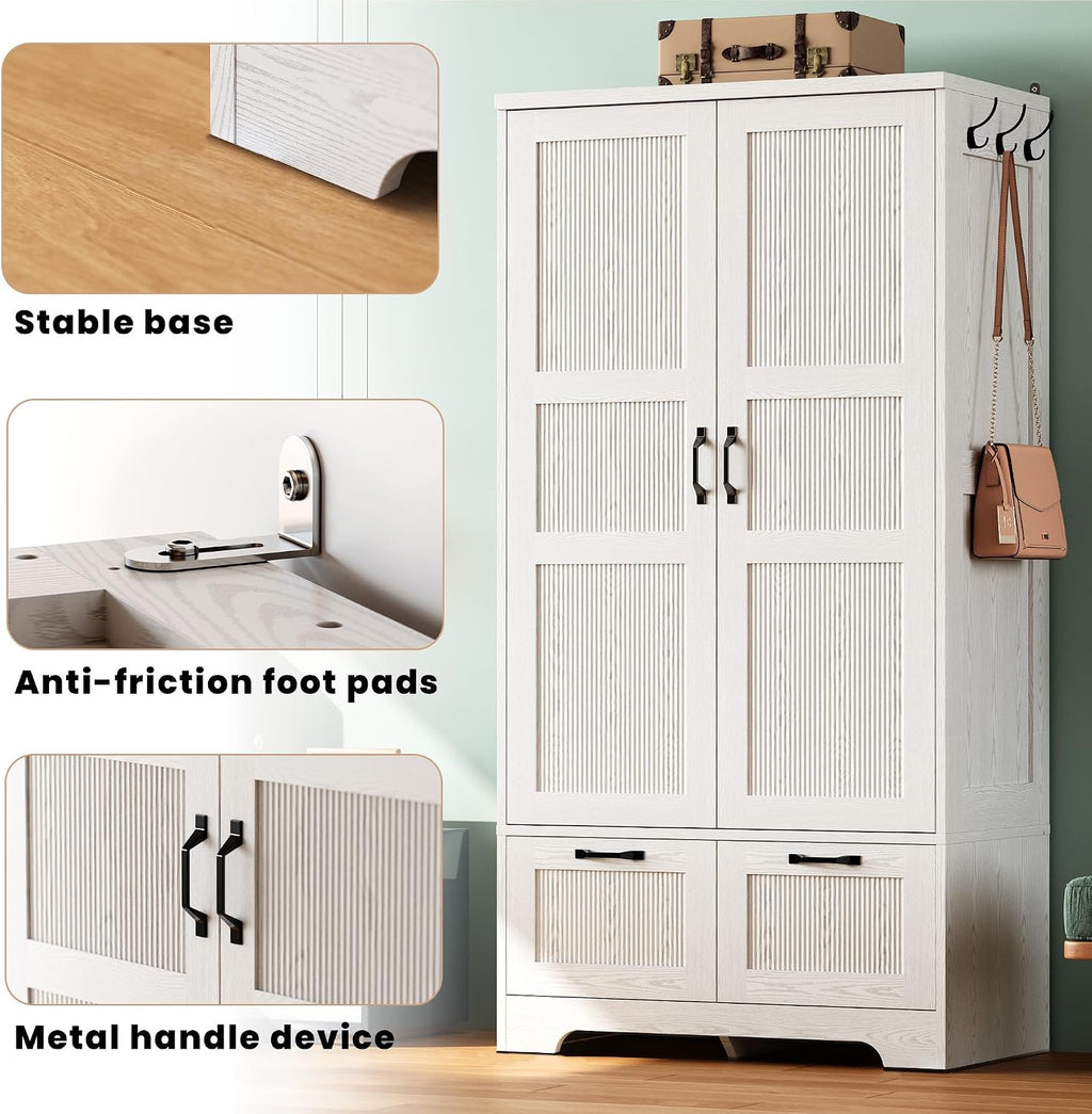 ANCTOR 71" Wooden Armoire Wardrobe Closet with 2 Drawers & Hanging Rod | Freestanding Clothing Storage Cabinet with 2 Doors and Shelves, White
