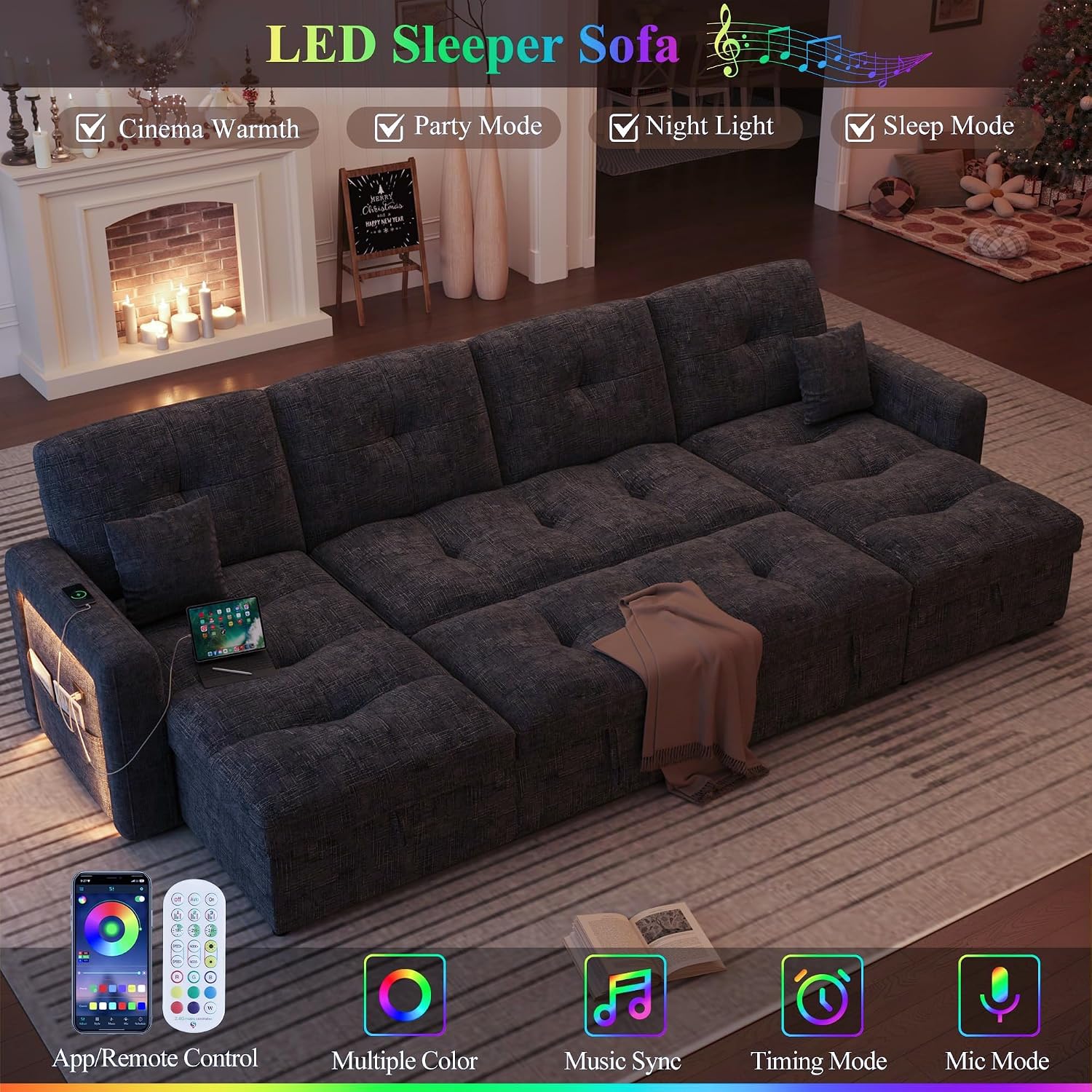 107'' LED U-Shaped Sectional Couch for Living Room, Sleeper Sofa Bed, Grey | Comfy Chenille Cloud Couch, Pull Out Bed, Storage Chaise, 5-level Adjustable Backrest, USB Charging, 2 Pillow,1100LB Capacity