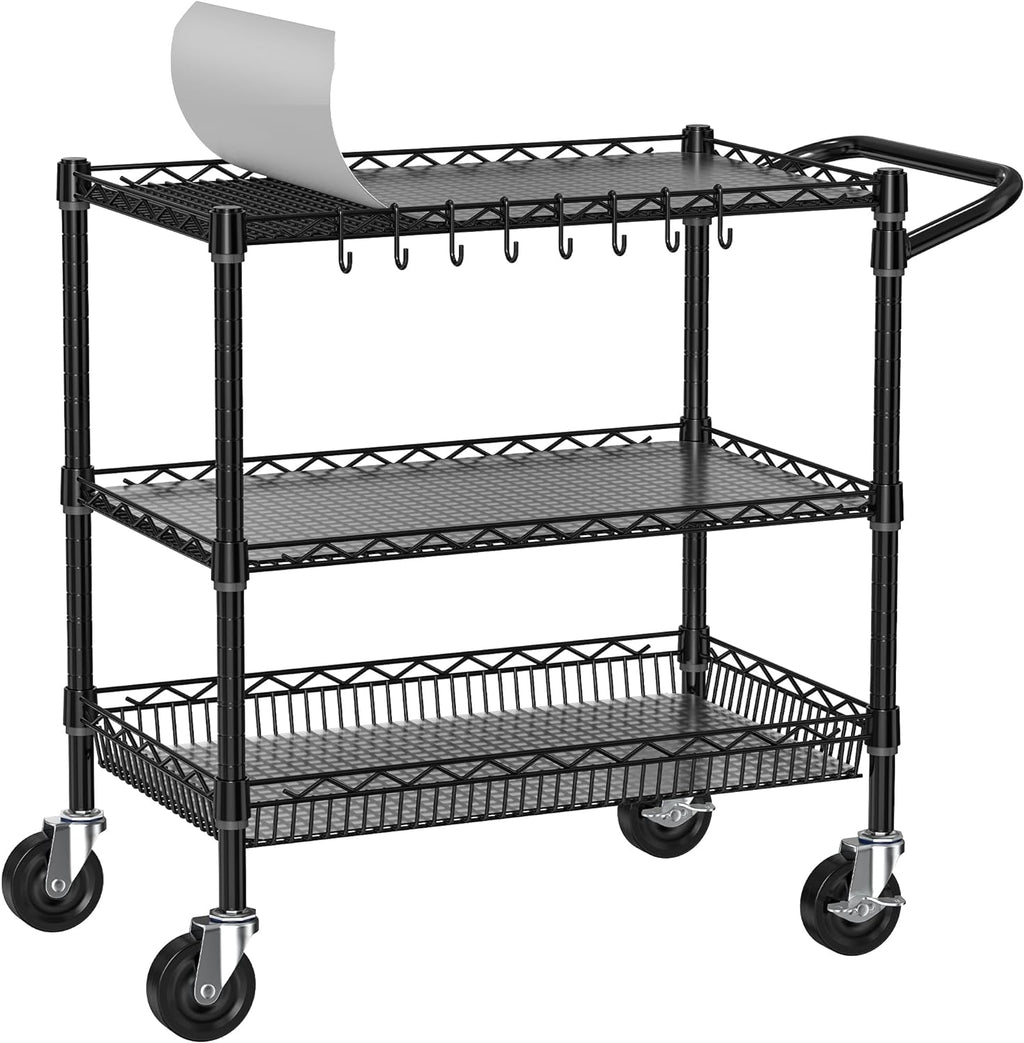 Folews Heavy Duty Rolling Cart with Wheels, 3 Tier Commercial Grade Utility Cart, Metal Storage Organizer Trolley with Handle Bar & Shelf Liner for Pantry, Laundry Room & Household Supplies, Black