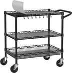 Folews Heavy Duty Rolling Cart with Wheels, 3 Tier Commercial Grade Utility Cart, Metal Storage Organizer Trolley with Handle Bar & Shelf Liner for Pantry, Laundry Room & Household Supplies, Black