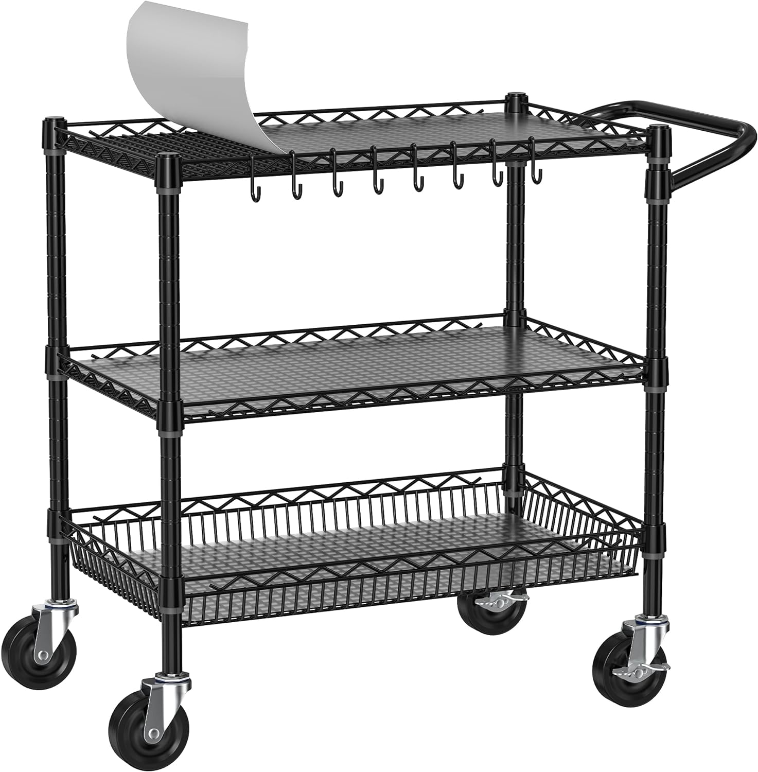 Folews Heavy Duty Rolling Cart with Wheels, 3 Tier Commercial Grade Utility Cart, Metal Storage Organizer Trolley with Handle Bar & Shelf Liner for Pantry, Laundry Room & Household Supplies, Black