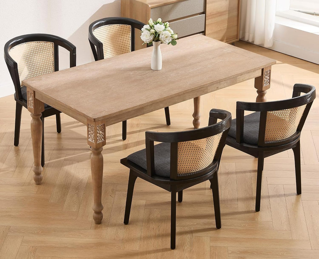 CIMOTA Set of 4 Black Rattan Wood Dining Chairs Mid-Century Modern Upholstered Dining Room Chairs Barrel Cane Back Accent Side Chair for Kitchen/Cafe/Bistro, Linen Charcoal