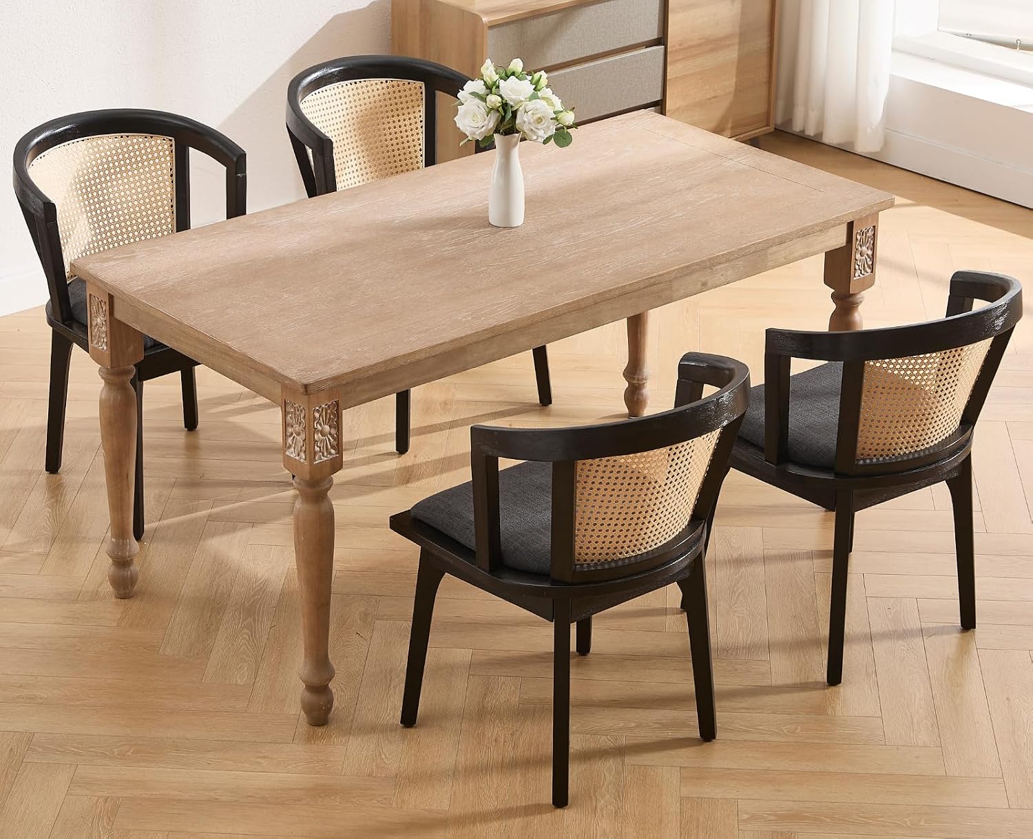 CIMOTA Set of 4 Black Rattan Wood Dining Chairs Mid-Century Modern Upholstered Dining Room Chairs Barrel Cane Back Accent Side Chair for Kitchen/Cafe/Bistro, Linen Charcoal