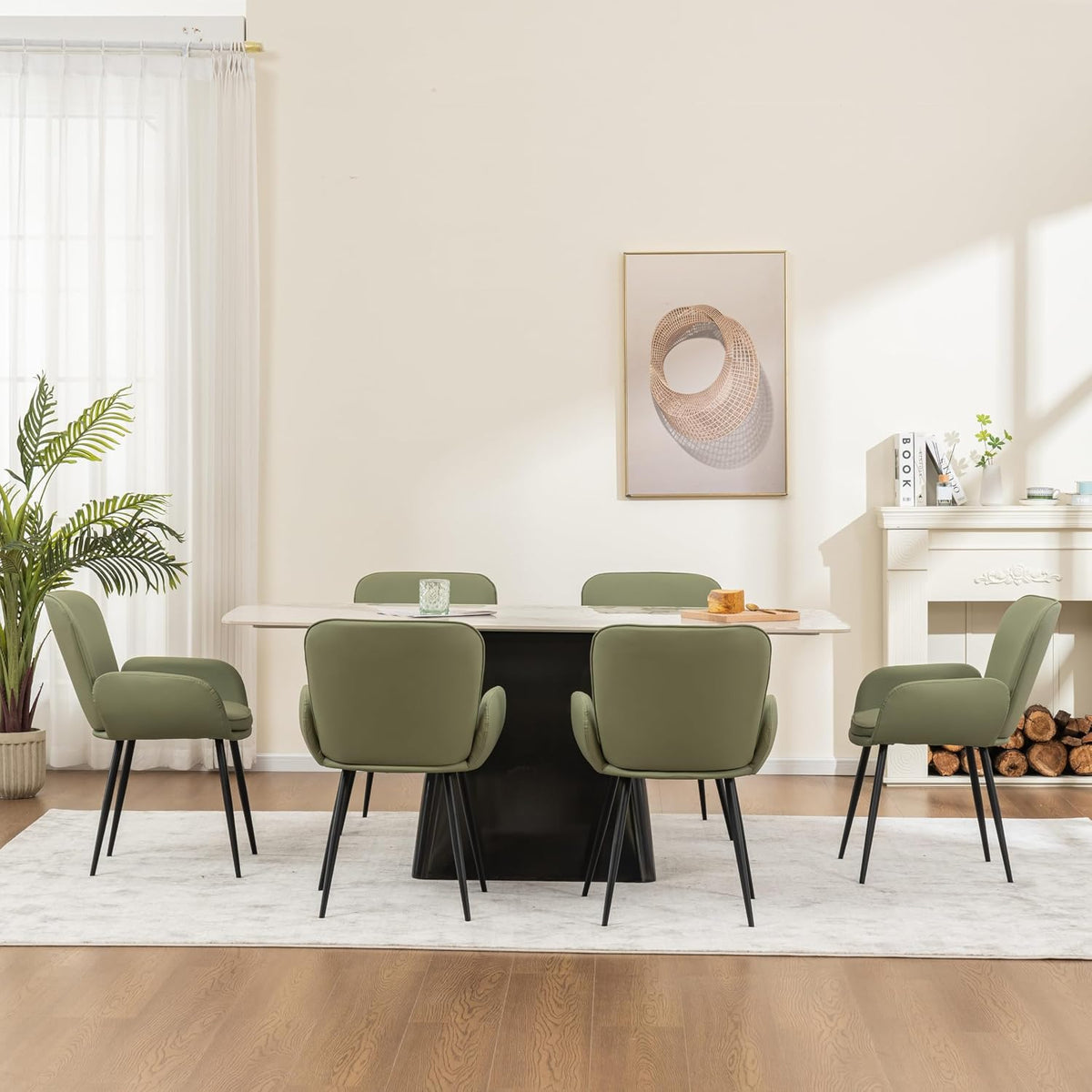 VKNOW Modern Faux Leather Dining Chairs Set of 6 with Armrest, Green | Armed Dining Room Chairs with Metal Legs, Kitchen Chairs for Restaurant Kitchen Living Room