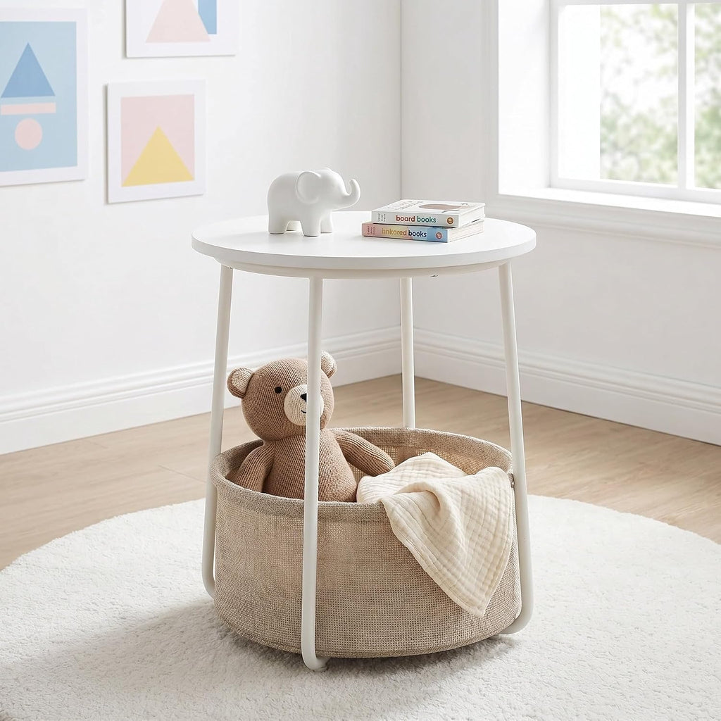 Nordic Minimalist Round Side Table with Reinforced U-Shaped Steel Frame, High-Strength Particleboard Top and Wrinkle-Resistant Double-Layer Polyester Fabric Storage Basket