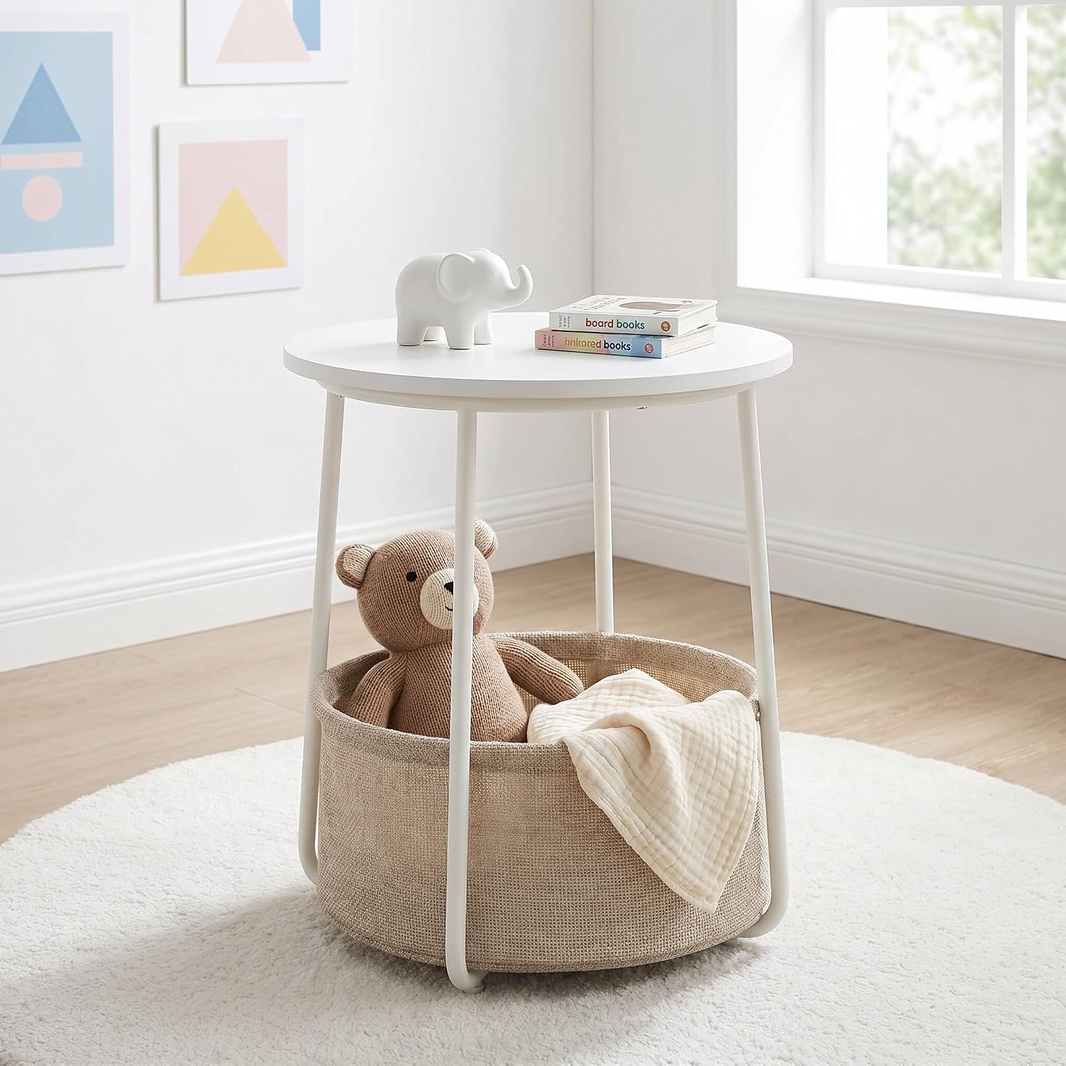 Nordic Minimalist Round Side Table with Reinforced U-Shaped Steel Frame, High-Strength Particleboard Top and Wrinkle-Resistant Double-Layer Polyester Fabric Storage Basket