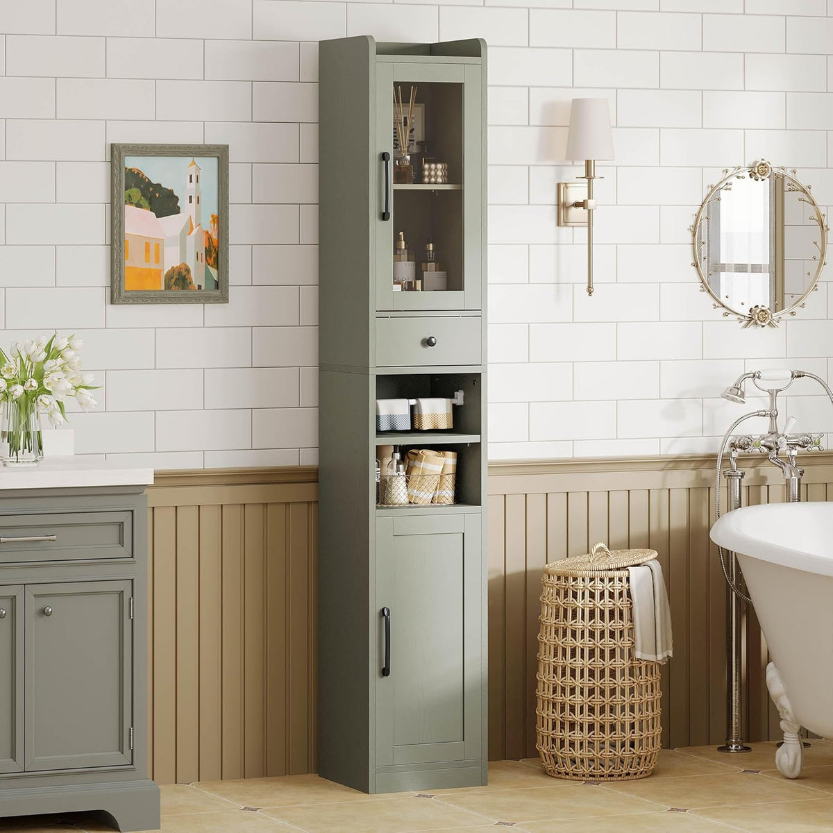 IRONCK Tall Bathroom Cabinet with Drawer and Door, 71" H Slim Freestanding Narrow Storage Cabinet with Adjustable Shelves, Retractable Toilet Paper Rod, for Small Spaces, 11.8" W Green