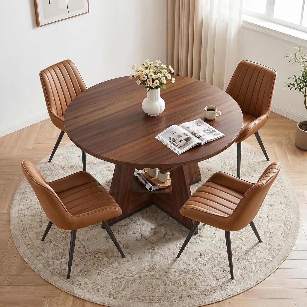 Miereirl Extendable Dining Table Set for 4-6, 47.24"-63" Round to Oval Dining Table Set with Upholstered Chairs, Hidden Storage Shelf, Kitchen & Dining Room Furniture for Apartment