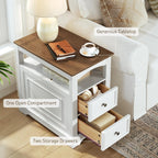 RALGEND Farmhouse End Table with 2 Drawers, Narrow Sofa Side Table with Storage and Open Shelf, Wooden Nightstand for Small Spaces, Bedroom, Living Room, White and Walnut
