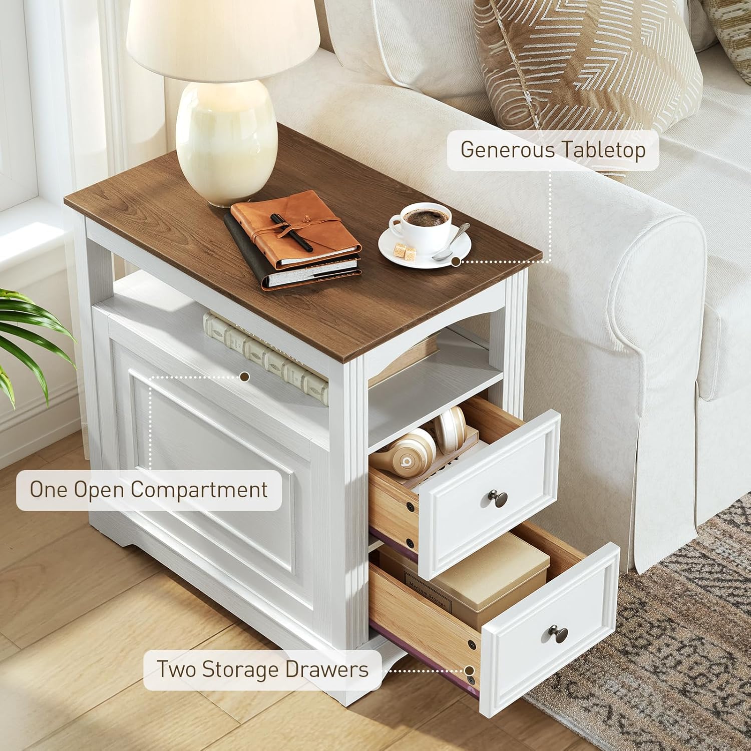 RALGEND Farmhouse End Table with 2 Drawers, Narrow Sofa Side Table with Storage and Open Shelf, Wooden Nightstand for Small Spaces, Bedroom, Living Room, White and Walnut