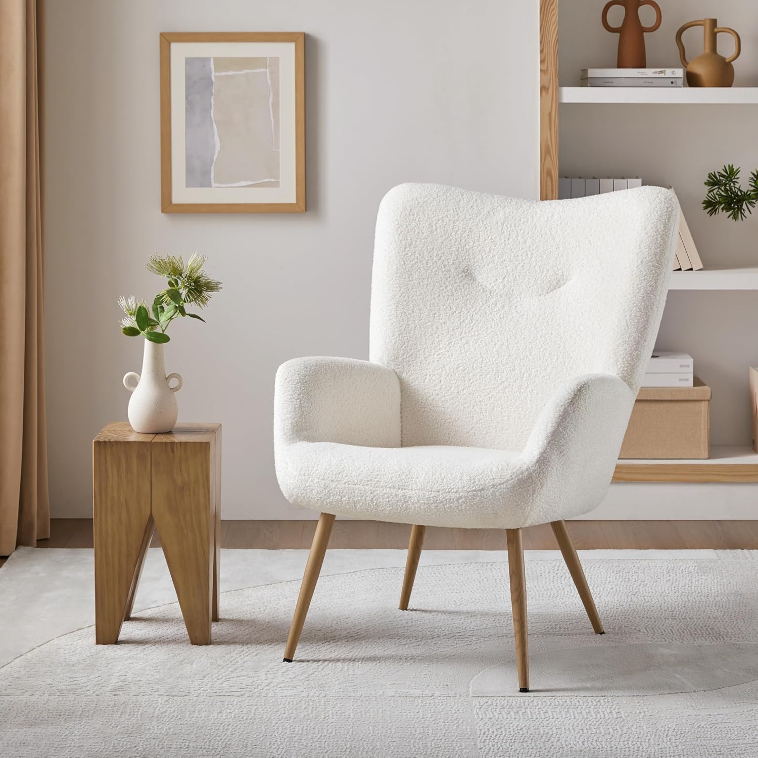 Yaheetech Barrel Chair, Fuzzy Accent Chair with High Back, White | Boucle Fabric Armchair with Soft Padded, Modern Vanity Chair, for Living Room Bedroom Makeup Room