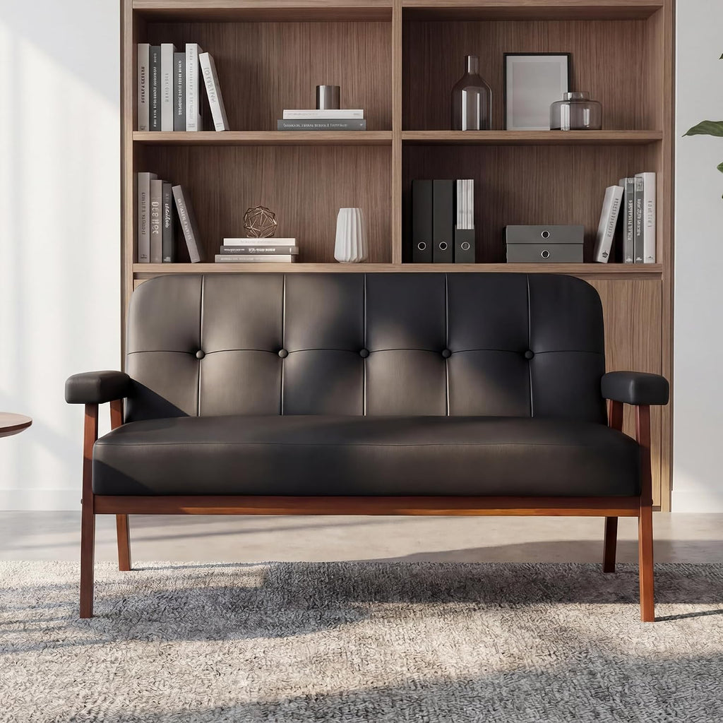50”W Black Leather Small Office Couch, Loveseat Sofa with Wooden Arms