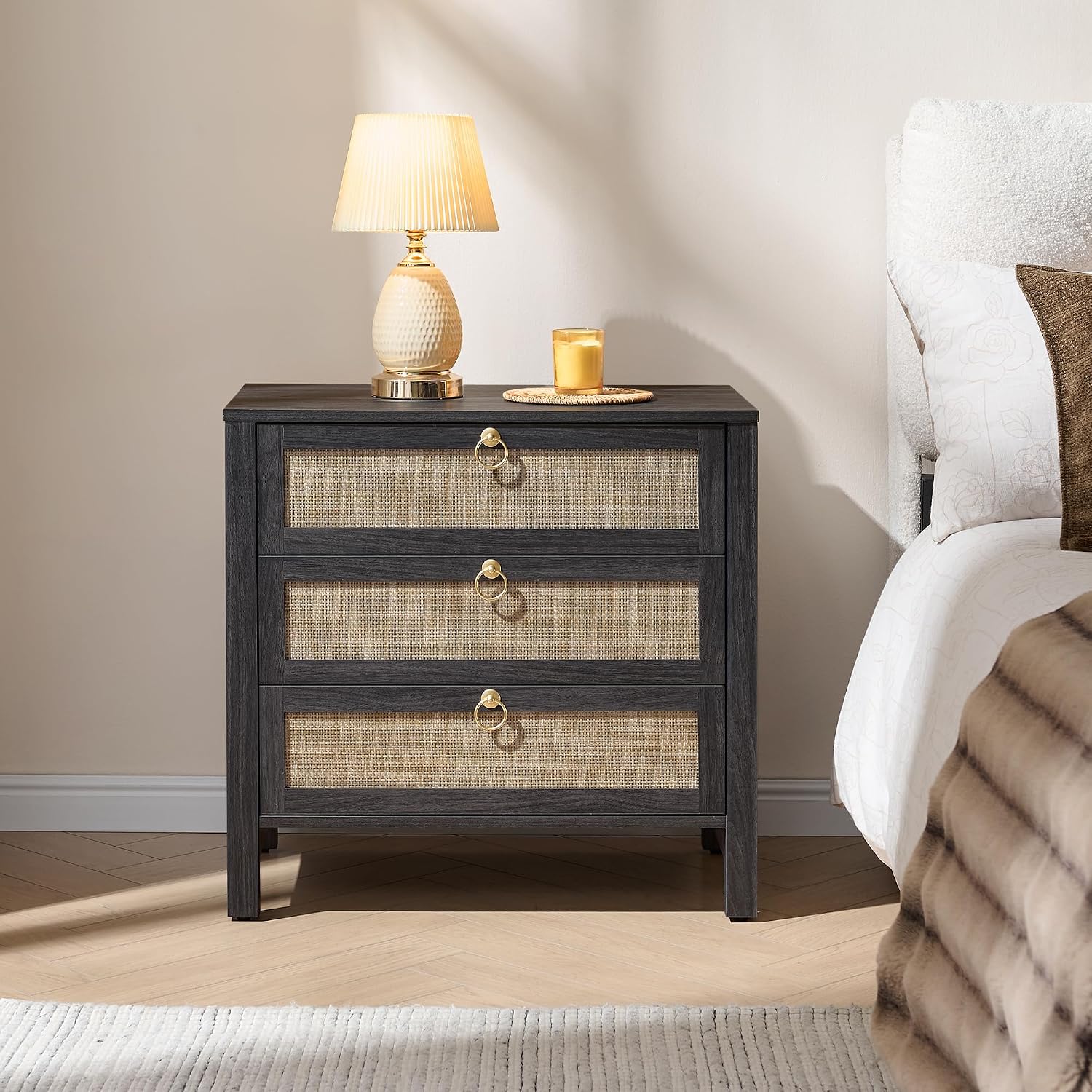 SICOTAS Rattan Nightstand Set of 2 with Drawers, Boho Large Bedside Tables | Wide Night Stand Set of 2 with 3 Drawers, Bedside Tables for Bedroom, Guest Room, Apartment, and Dorm Room, Bedroom Storage