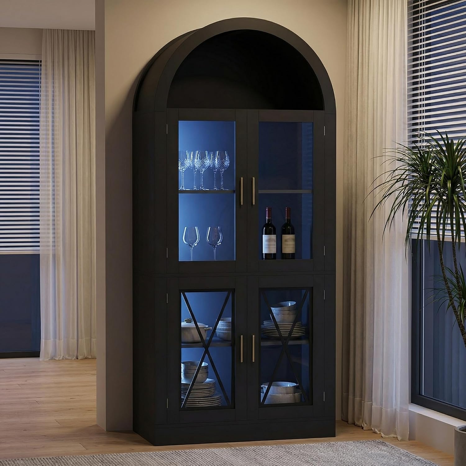 70" Tall Arched Cabinet with 7 Color LED Light, Modern Farmhouse Display Cabinets with Glass Doors, Wooden Storage Cabinet for Living Room and Kitchen Pantry (Black)