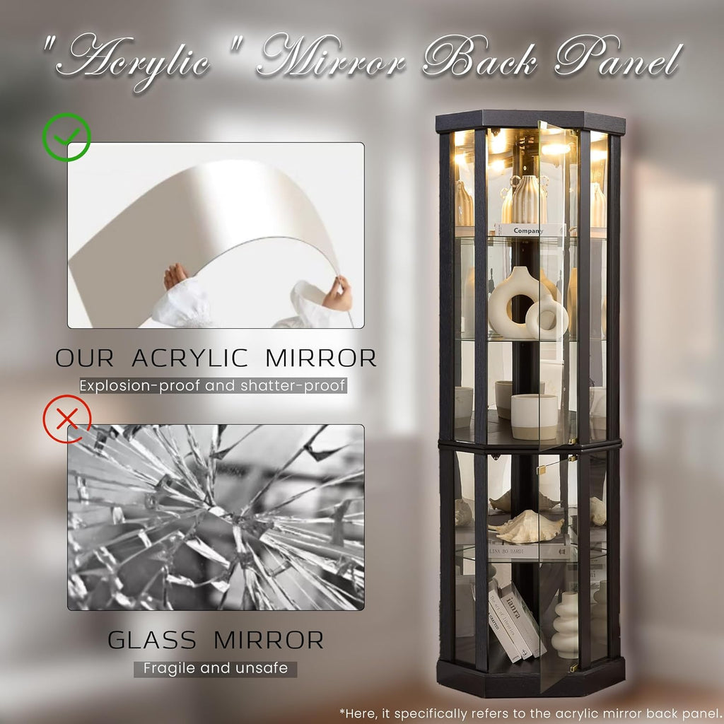 Corner Curio Cabinet, 70" H Lighted Glass Display Cage with Tempered Glass Doors and 5 Adjustable Shelves, Light Bulb Inclued, Wine Bar China Cabinet for Living Room (Black)