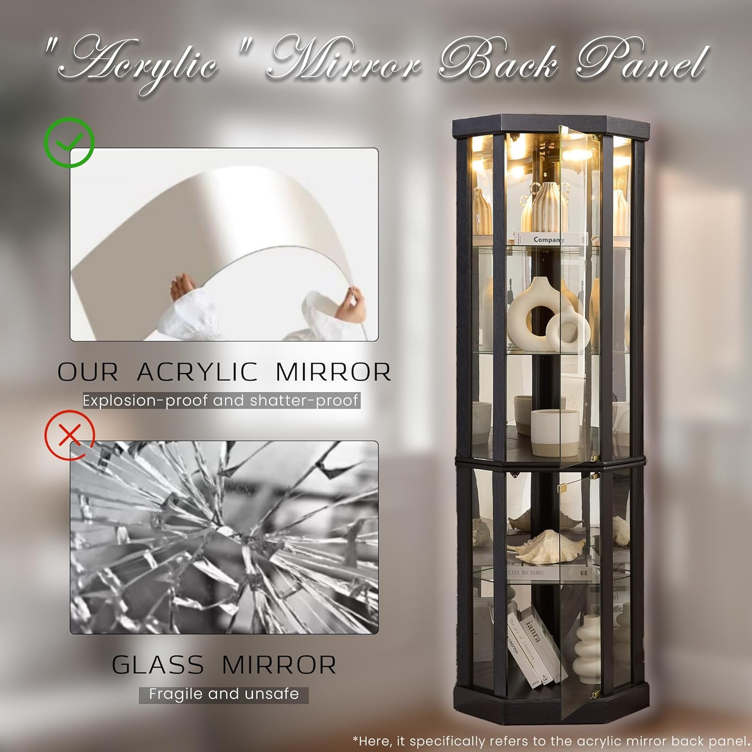 Corner Curio Cabinet, 70" H Lighted Glass Display Cage with Tempered Glass Doors and 5 Adjustable Shelves, Light Bulb Inclued, Wine Bar China Cabinet for Living Room (Black)