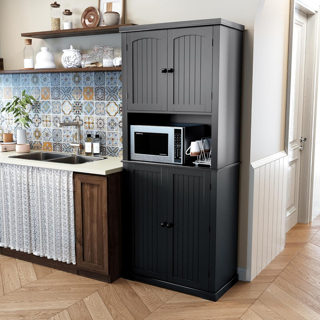 HLR 72" Kitchen Pantry Storage Cabinet with Open Countertop, Freestanding Larder Cupboard with Microwave Stand, Utility Laundry Room Storage Cabinet with Doors and Shelves for Dining Room, Living Room